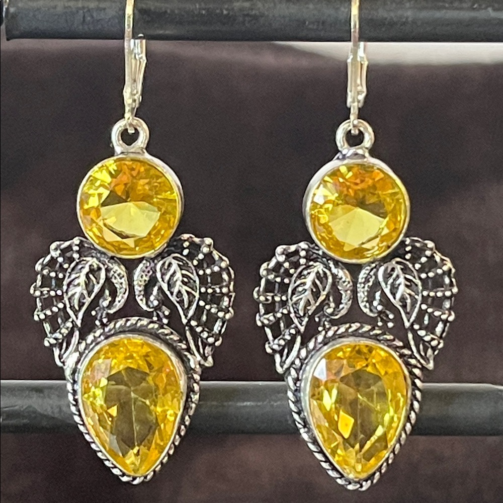 Natural & Faceted Artisan Crafted Citrine Leaf Earrings in Sterling Silver 1.5”